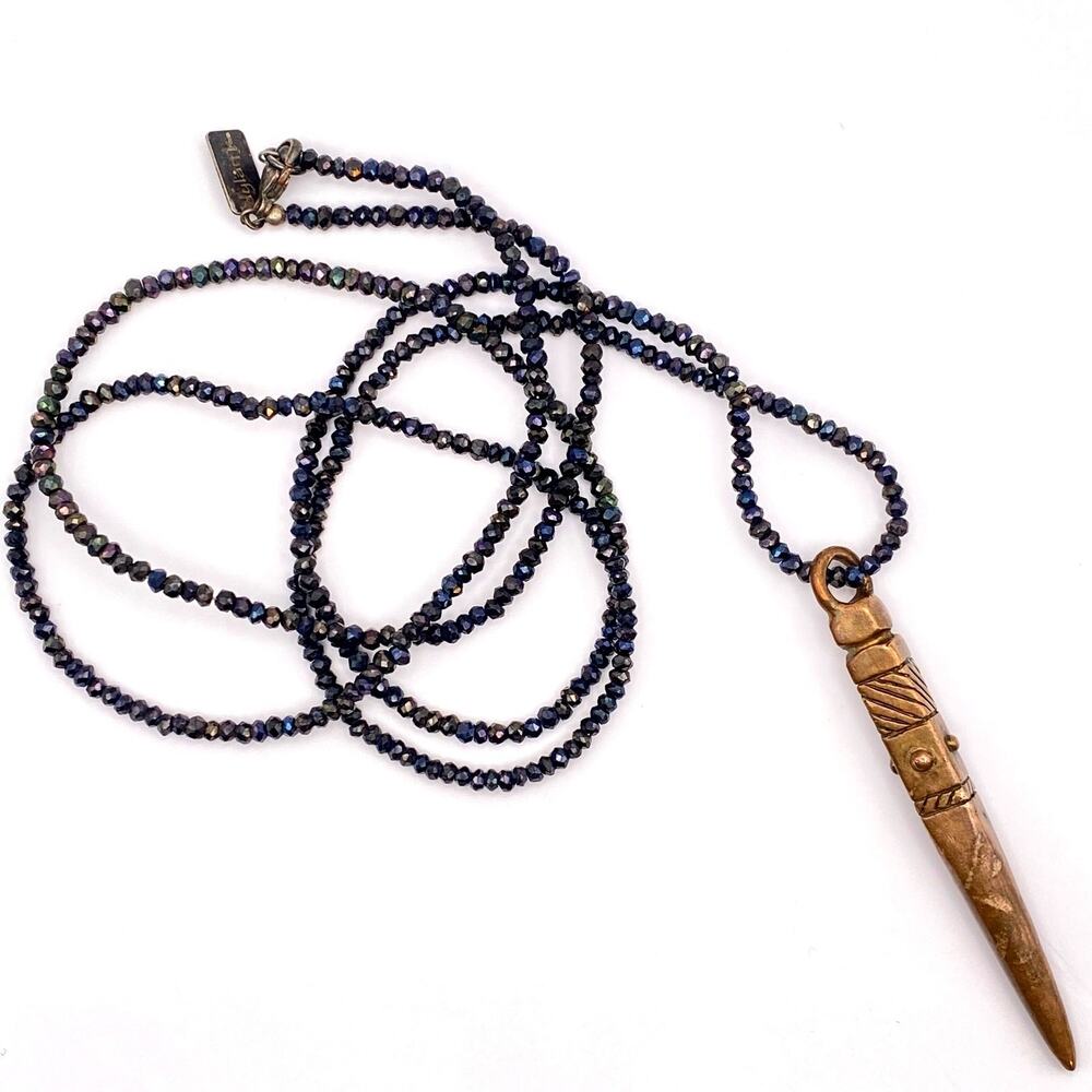 DYLAN K Dagger Copper Pendant On Caviar Black Pyrite Beaded Necklace MSRP 220